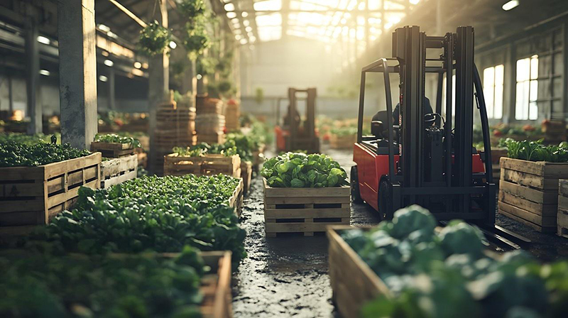 Forklifts transport vegetables in agricultural cooperatives